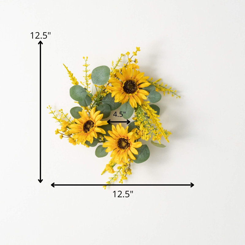 Artificial Sunflower & Eucalyptus Lighted Polyester Wreath, 12.5" H x 12.5" W x 3.25" D