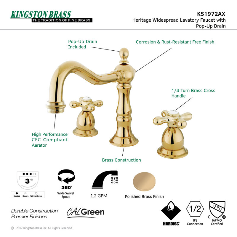 Polished Brass 8-Inch Widespread Bathroom Faucet with Cross Handles
