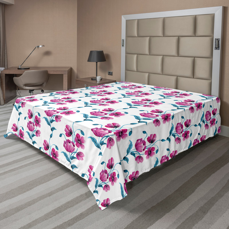 Ambesonne Nature Top Flat Sheet Glisten Fish Sunlight, Queen Flat Sheet, Fuchsia/Petrol Blue Floral