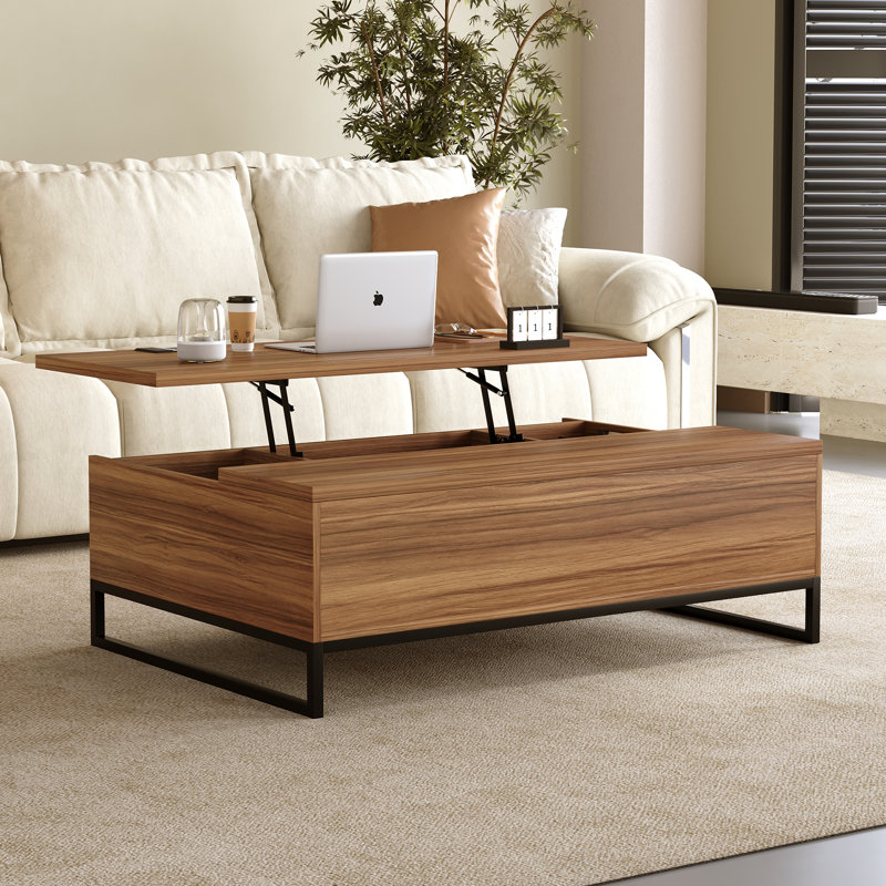 Table basse à plateau relevable de 43,3 po avec rangement caché, table basse en bois de noyer avec cadre en métal noir pour le salon