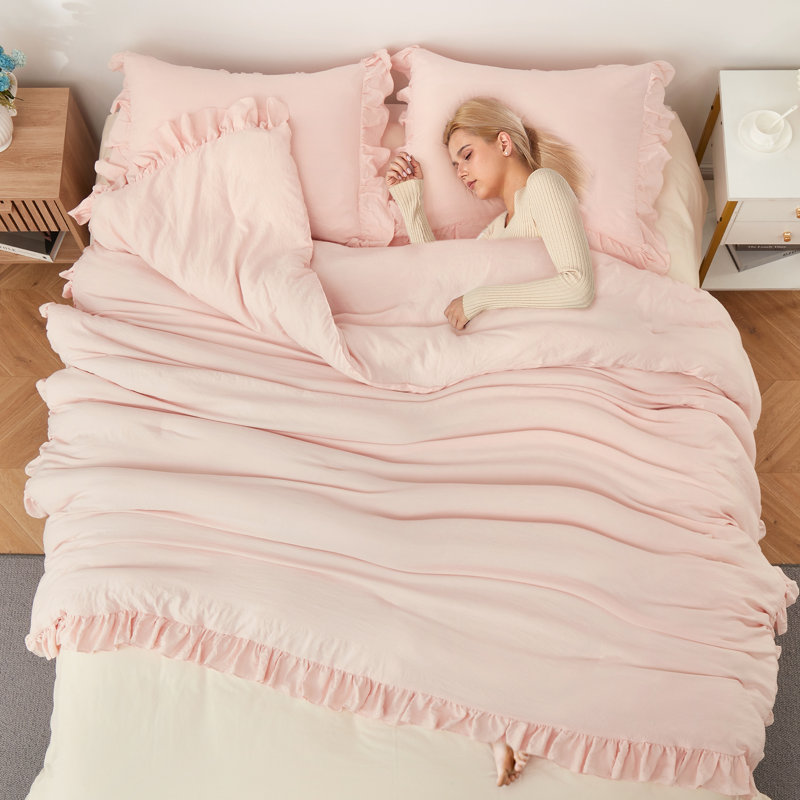 Ensemble de couette à volants avec taies d'oreiller, ensemble de literie en microfibre lavée de couleur unie, Rose