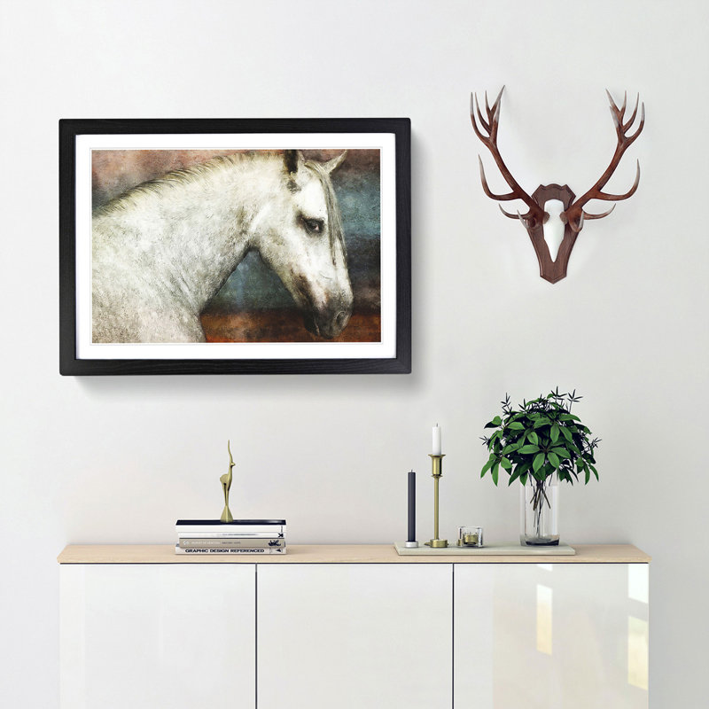 White Horse Portrait - Picture Frame Painting Print, Black Framed, 33cm H x 45cm W x 2cm D