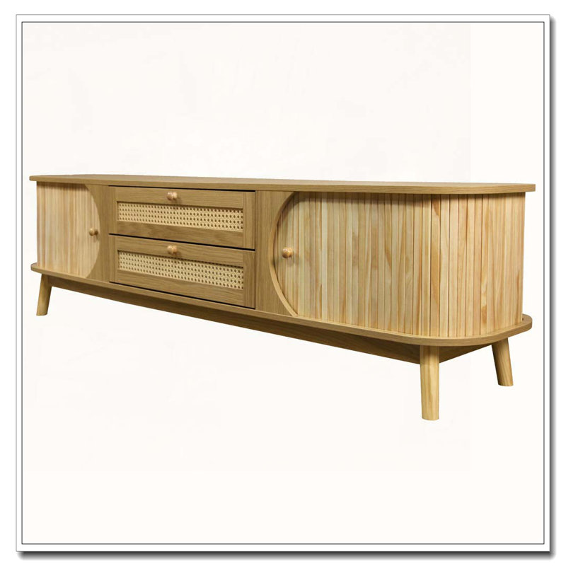Meuble télé en rotin pour téléviseur de 75 po ou moins, console multimédia de style campagne moderne, centre de divertissement avec pieds en bois massif