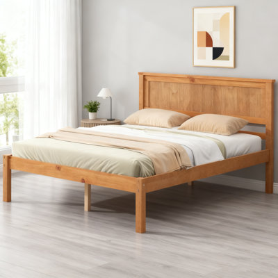 Oak Full Size Platform Bed Frame With Headboard – Wood Slat Support, No Box Spring Needed