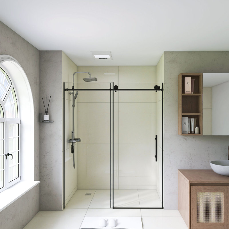 56-60" W × 76" H Premium Frameless Sliding Shower Door – 1/4"(6mm) Tempered Glass With Explosion-Proof Film, Stainless Steel Handle, Matte Black Finish, Modern Minimalist Design