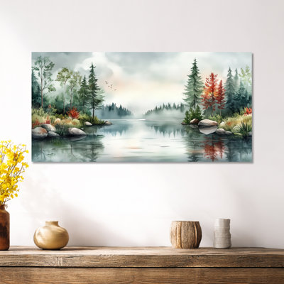 Impression d'automne sur métal - scène de réflexion lac de forêt d'automne, décoration murale verte sereine