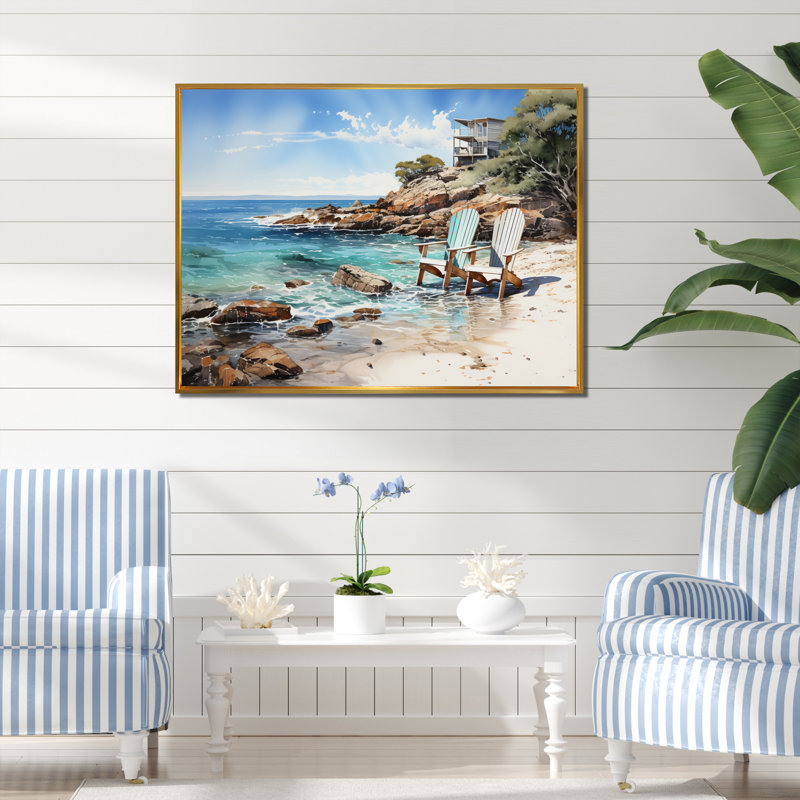 Beach Seaside Reflections Pointillism III - Décoration murale nautique et plage, 16" H x 32" W, Cadre flottant doré