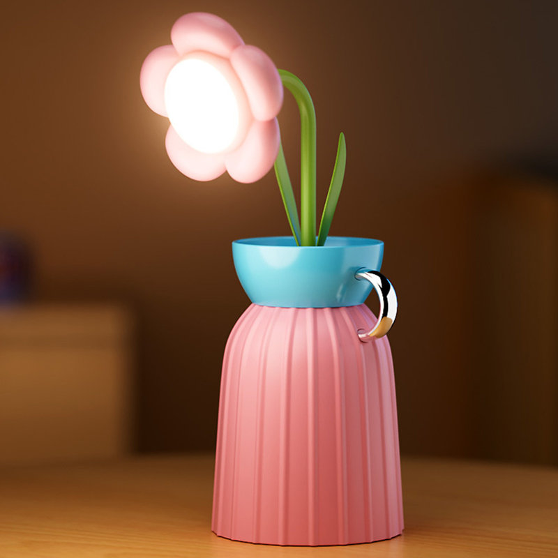 Lampe de bureau de nuit sans fil à fleur unique avec vase et lampe flexible à col de cygne rechargeable avec port de charge USB 3 modes de couleur et gradation continue