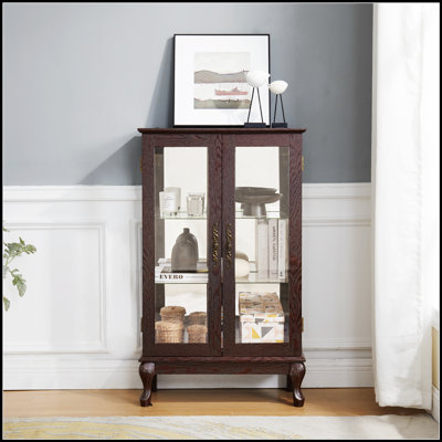 Vitrine 2 portes avec verre trempé, dossier en miroir, tablettes réglables et éclairage pour une présentation élégante
