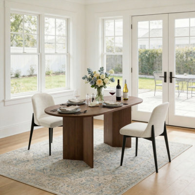 Modern 79" Double Pedestal Wood Dining Table Sets With 2 Upholstered Dining Chairs