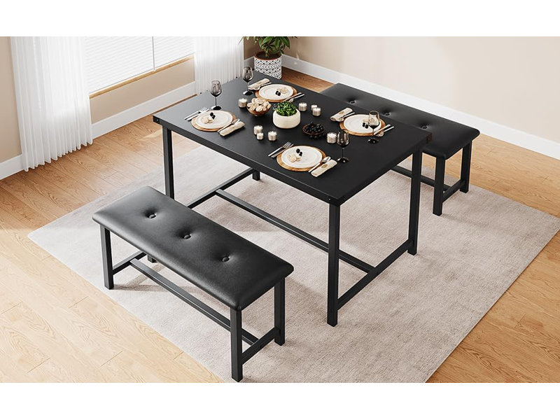 Ensemble table et chaises de salle à manger rectangulaires de style industriel de 44 pouces pour 4 personnes avec 2 bancs rembourrés