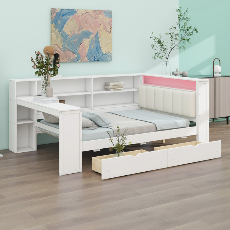 Lit plateforme en bois avec tablettes de rangement, tiroirs, station de charge, DEL, bureau et tête de lit tapissier, Double