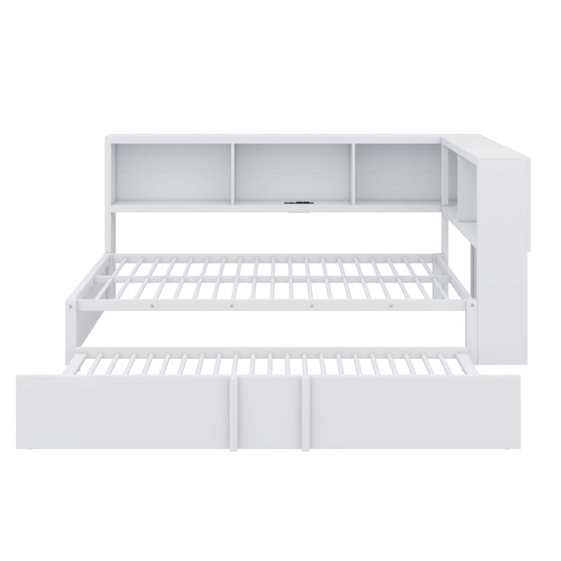 Lit de jour pratique en métal avec lit gigogne escamotable et sections de rangement intégrées, Blanc