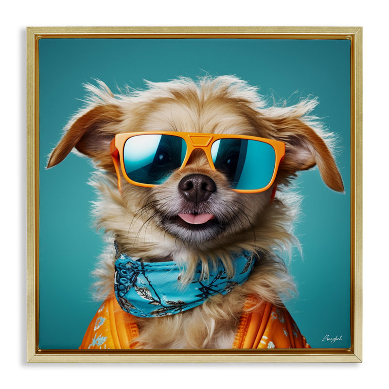 Portrait de chien hipster, H 18 po x l 18 po, Cadre flottant métallique doré