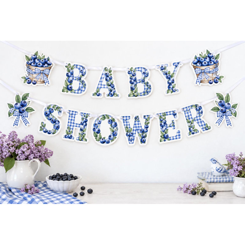 Little Blueberry Patch Baby Shower Banner, Blue Gingham Berry Basket Garland, Cardstock Wall Decor