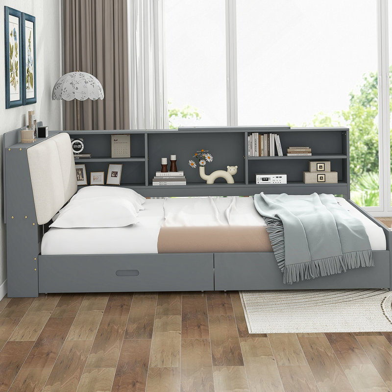 Lit plateforme en bois avec tête de lit avec rangement