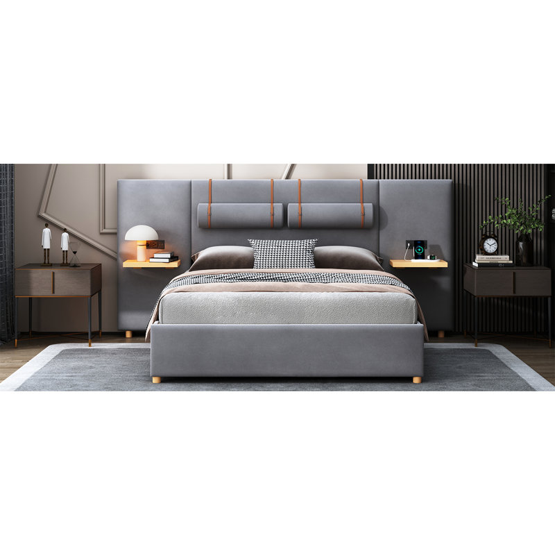 Upholstered Grey Velvet Queen Bed With Outlet & , Bedside Storage Included In Charging Ports, Outlets, And