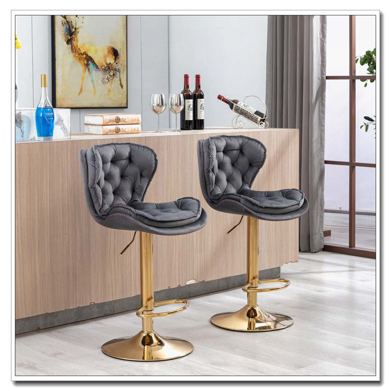 Tabourets de bar, avec velours de levage mécanique réglable en hauteur, Doré, Gris