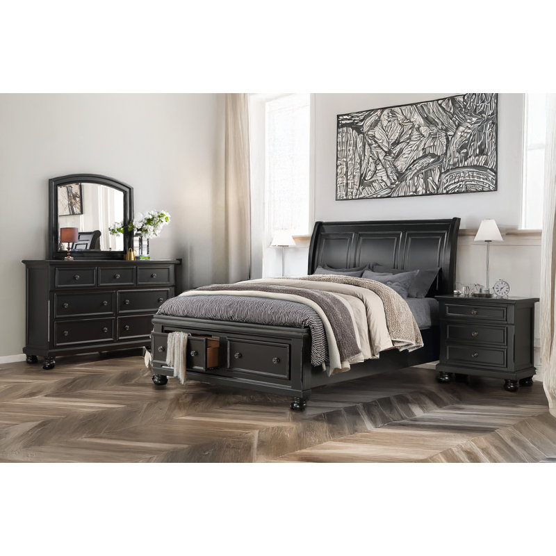 Ensemble de chambre à coucher avec lit plateforme et rangement Claudie, Noir, Très grand