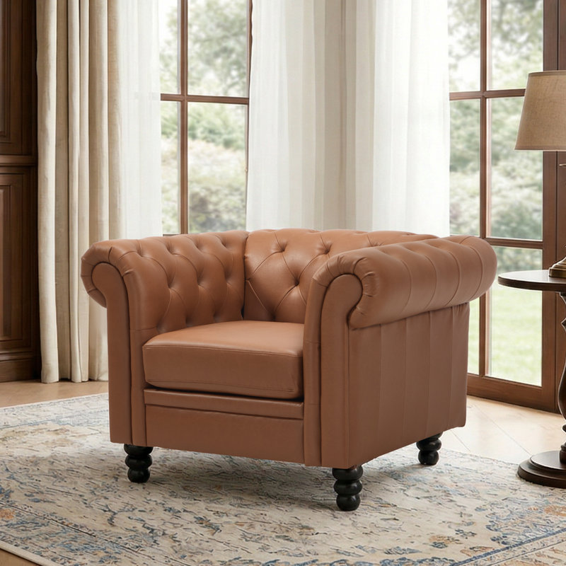 Gazim 42.5“ Wide Tufted Faux Leather Chesterfield Chair Accent Chair, Brown  Faux Leather