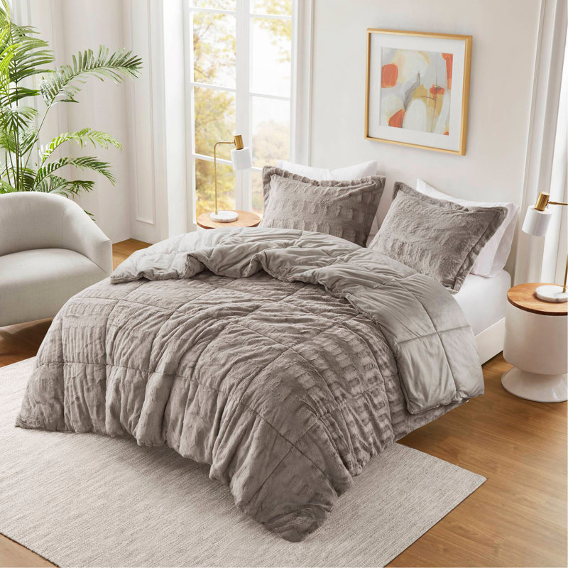 Ensemble de 2 mini-édredon en fausse fourrure unie gris, Gris, Édredon simple + 1 taie décorative