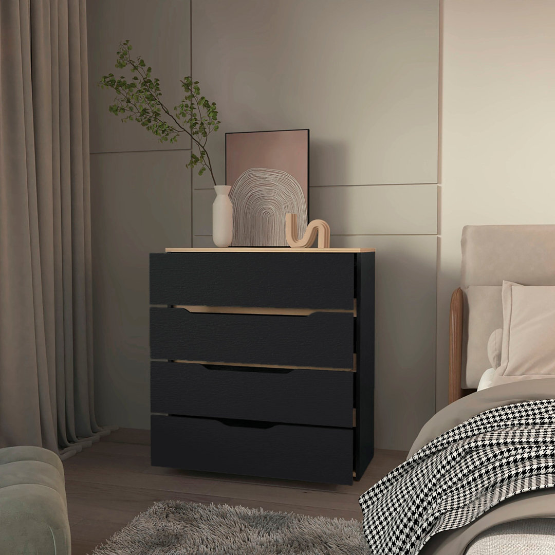 Zoe dresser in melamine, four drawers with metal rails.