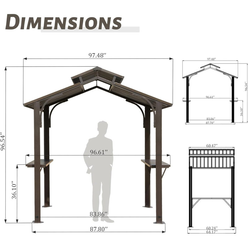 8×5Ft Hardtop Grill Gazebo, Outdoor Bbq Gazebo W/Galvanized Steel Double Roof, Permanent Sun Shade Grill Canopy Shelter With 2 Side Shelves And Ceiling Hook For Patio Deck Yard Garden ()