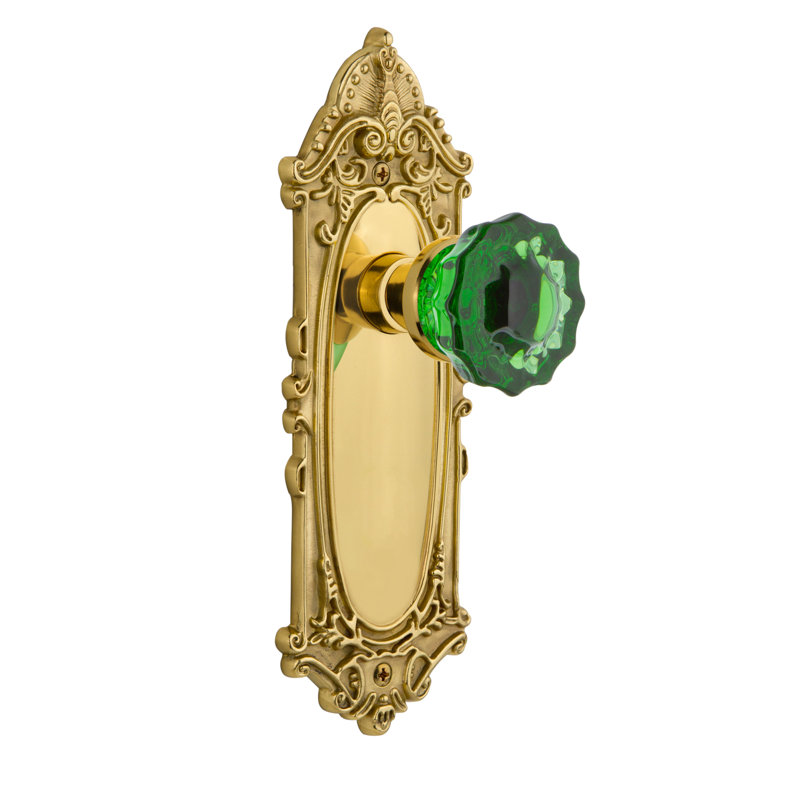 Plaque victorienne avec bouton de porte en cristal émeraude, Laiton poli, 2 3/8