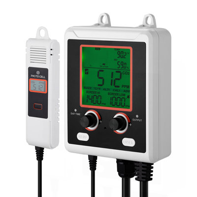 Carbon Dioxide Monitoring Controller, Dual Outlets Carbon Dioxide Controller, CO2 Meter Monitor Day and Night Detection Feature, NDIR CO2 Sensor for Green House, Laboratories, Classrooms, Home