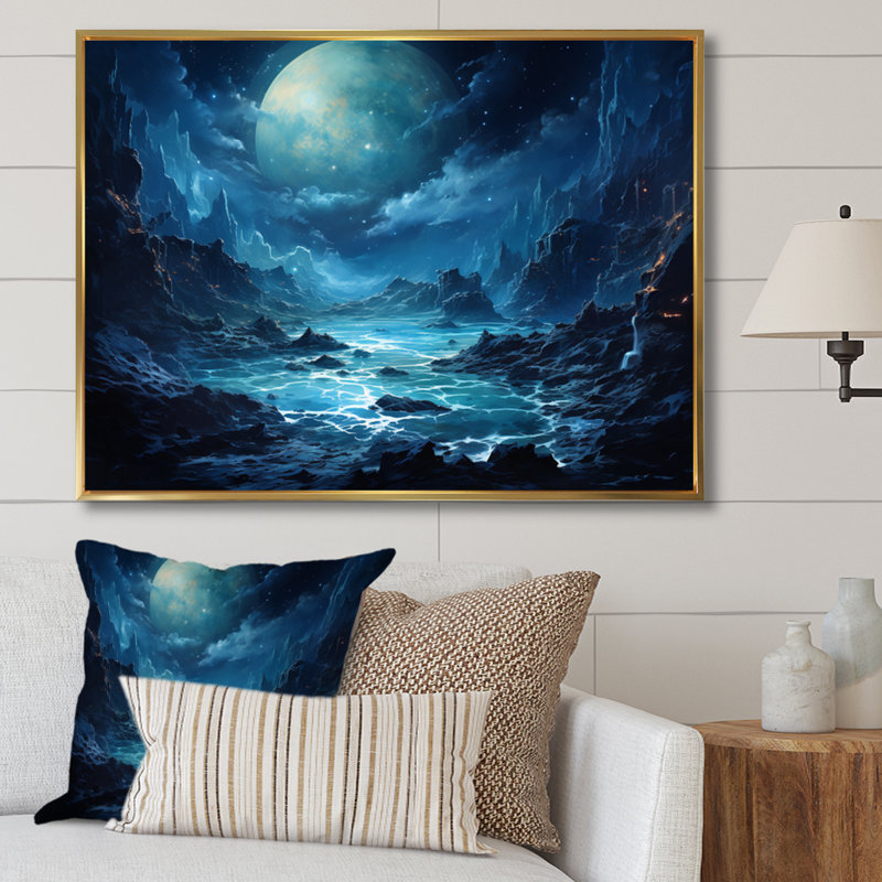 Planet Neptune Deep Blue I - Neptune Canvas Wall Art, H 12 po x l 20 po x P 1 po, Cadre flottant doré