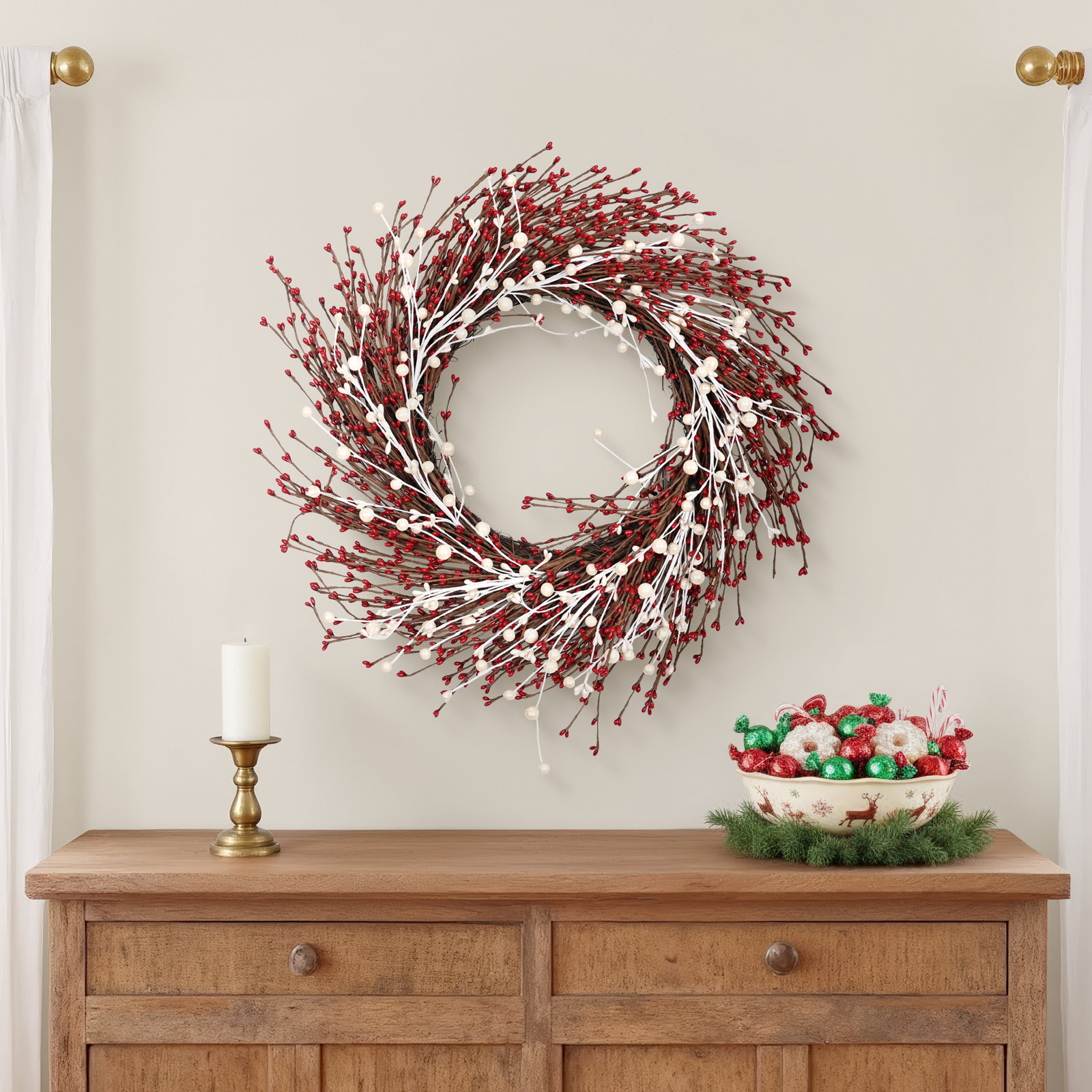 24" Farmhouse Artificial Berry Pip Twig Winter Christmas Wreath For Front Door
