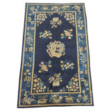 1900s Blue Floral Vase Antique Chinese Peking Rug 3'2"x4'10" Carpet