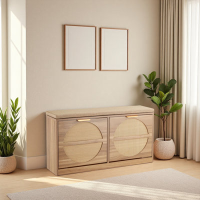 Banc d'entrée pour chaussures, banc à chaussures en rotin de 38,9 x 9,4 x 19,7 pouces avec tiroirs rabattables, étagère à chaussures avec coussin de 440 lb, 4 compartiments et portes en rotin, pour couloir, salon, chambre à coucher