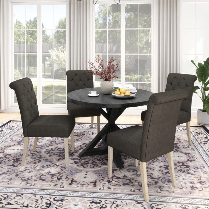 Ensemble de salle à manger 5 pièces, table ronde avec 4 chaises capitonnées, Gris anthracite