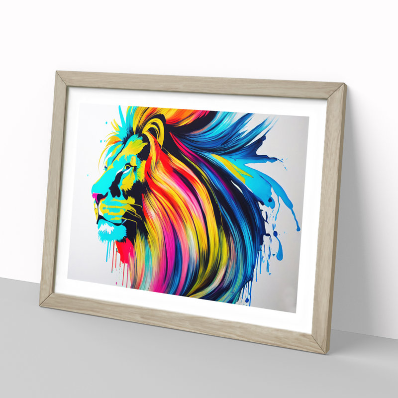Vibrant Lion Abstract - Framed Print, 46cm H x 64cm W x 2cm D, Oak