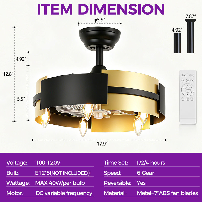 Ventilateur de plafond industriel 18 "à 5 lumières noir et or avec lumière, 7 pales ABS, télécommande, réglable en hauteur