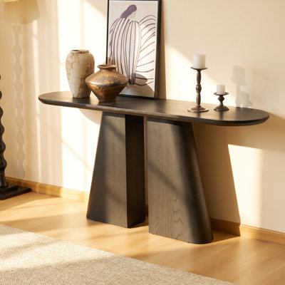 Solin 63" Black Oak Console Table with Rounded Top and Panel Legs, Modern Sofa Table