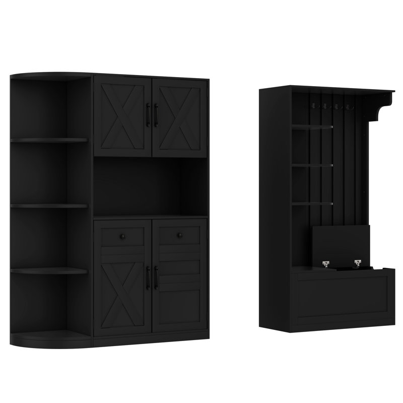 Versatile Black Hall Cabinet For Living Areas, Left And Right Units With Hanging Storage, Round Corner Protection Split Different Rooms, Ample Corners