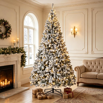 9 ft Pre‑Lit Flocked Fraser Fir Artificial Christmas Tree, Hinged Branches with LED Lights, Foldable Sturdy Metal Base in Green and White Finish