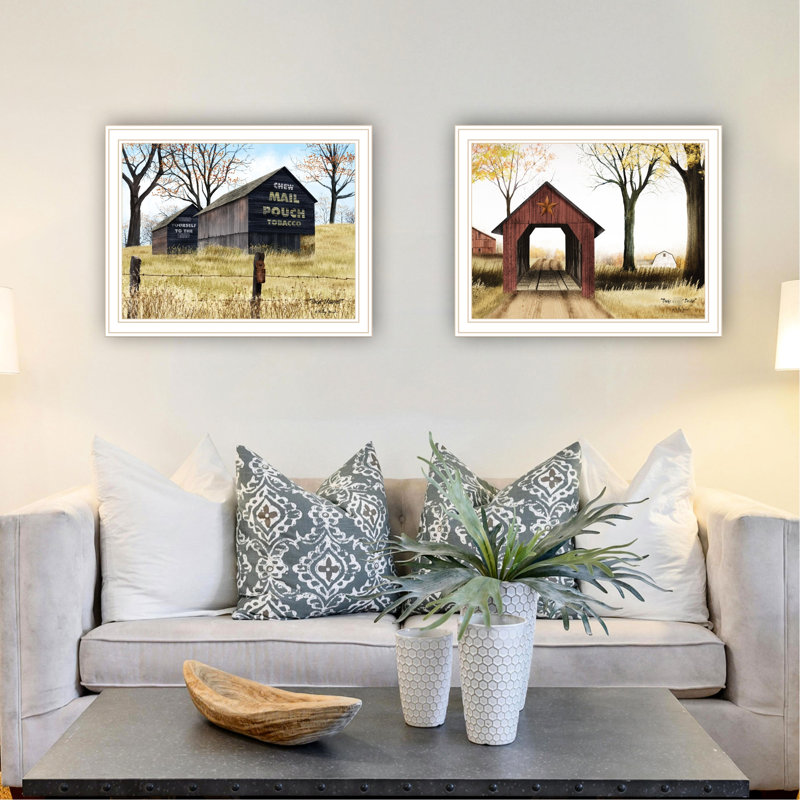 2 art mural de salon pour la sophistication: Barn & Buck County Bridge, impressions encadrées en blanc. 18 po x 1 po x 14 po, 5 lb. Fabriqué dans un superbe décor: