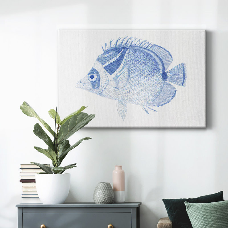 «Blue and White Tropical Fish IV», toile tendue avec châssis, H 24 po x l 36 po