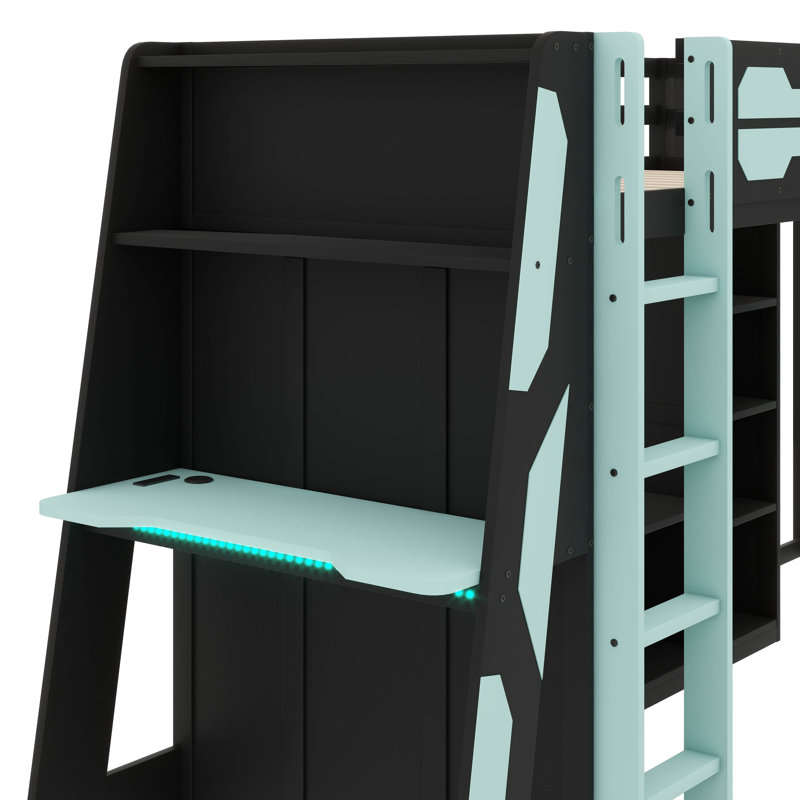Lit mezzanine simple en L avec bureaux intégrés, base de lit de jeu en bois avec DEL RVB, connecteurs USB, support pour téléviseur et rangement