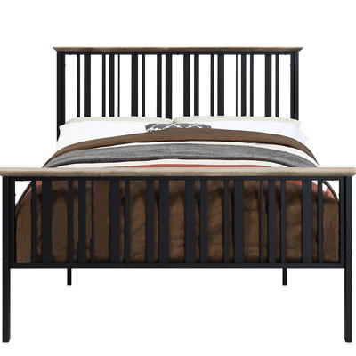 Antique Oak And Black Finish Full Bed, No Box Spring, Wooden Trim, Slatted Head & , Metal, 8" Mattress Advisable, 330Lbs Load Capacity Storage Space, Headboard Recommended,