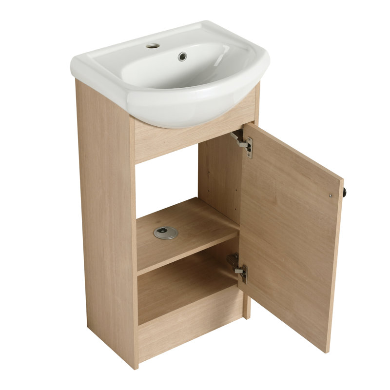 Armoire de salle de bain autoportante avec lavabo en chêne, tablettes réglables et lavabo en céramique