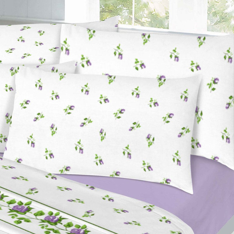 Rose Bud Floral Luxury Thermal 100% Brushed Cotton Flannelette Sheet Set, King, Lilac