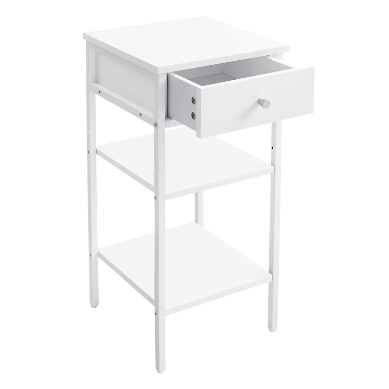 Table de chevet, avec un tiroir et 2 tablettes de rangement, peu encombrante, moderne, Blanc