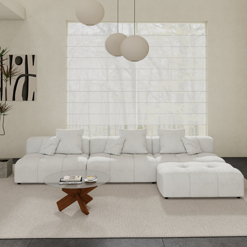 Canapé modulaire rembourré en tissu de lin avec repose-pieds Kay Crumley 4 pièces Kay, Blanc