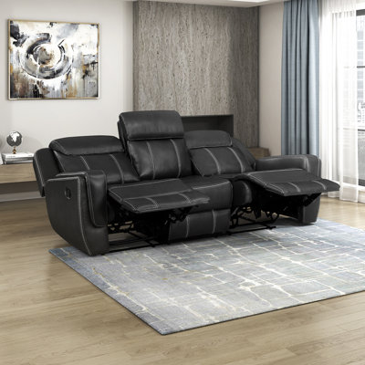 Corrado 86" Modern & Contemporary Faux Leather Manual Reclining Sofa with Integrated Drop-Down Console, Built-in Power Outlets and USB Ports