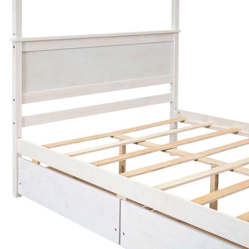 Lit à baldaquin avec compartiments supplémentaires, aucun sommier nécessaire, blanc brossé, lit au design moderne de L 79,5 po x l 56,9 po, tiroirs peu encombrants, en bois de pin massif