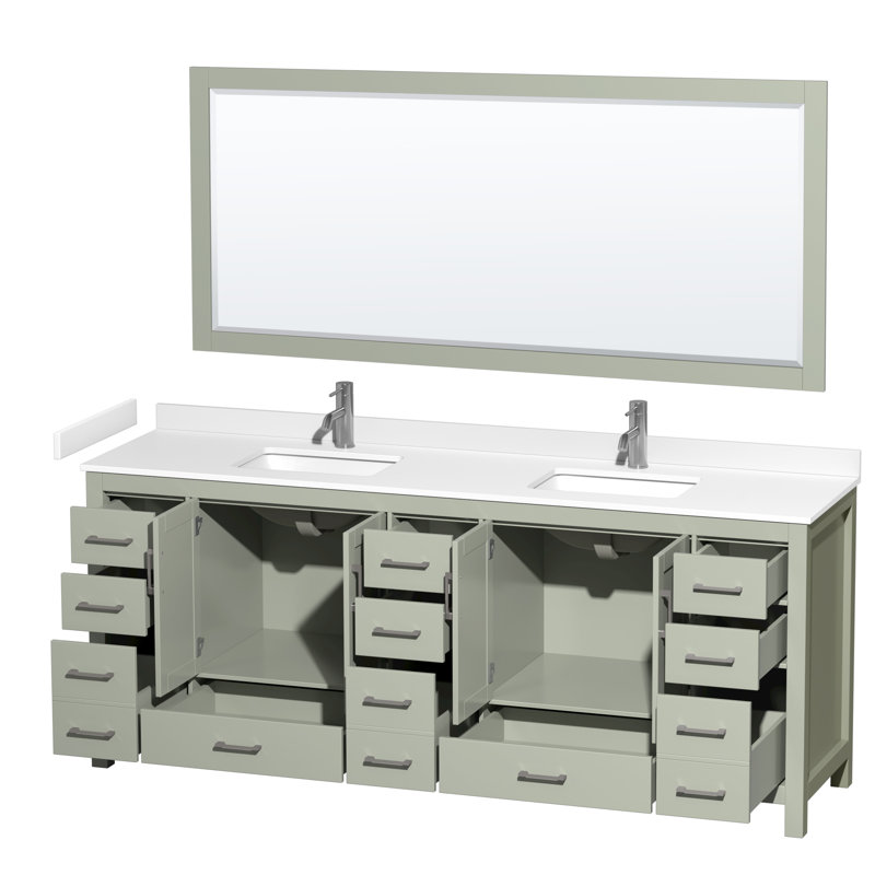 Meuble-lavabo double autoportant 84 po avec plateau en marbre de culture Sheffield et miroir 70 po Sheffield, Blanc